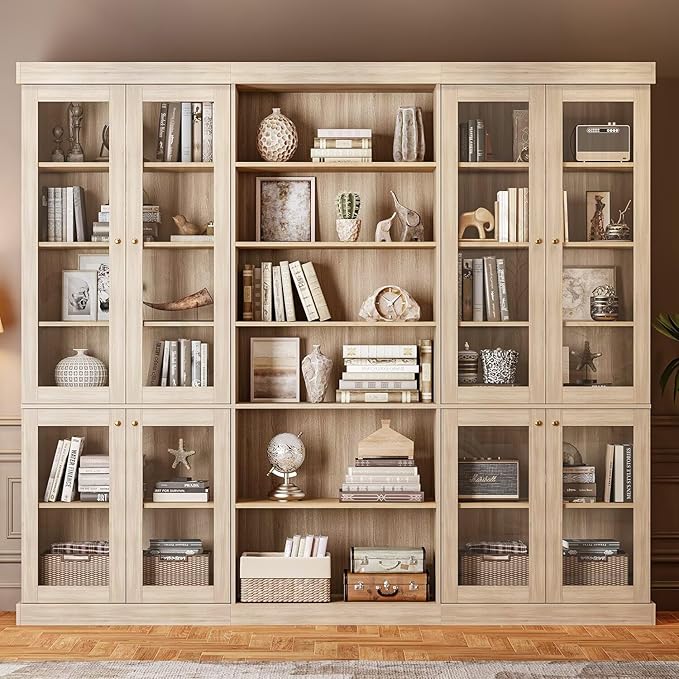 70.8" Tall Farmhouse Bookshelf with Glass Doors, Modular Bookcase with 6-Tier Adjustable Shelves, Large Storage Cabinet for Kitchen, Living Room, Brown, Set of 2