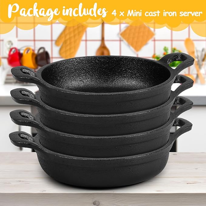 Mini Cast Iron Skillets 5 x 5 x 1.3 Inch Cast Iron Pan Small Ramekin Set Black Casserole Dish Cookware Oven Safe Mini Skillets for Kitchen Indoor Outdoor Picnic (4 Pack)