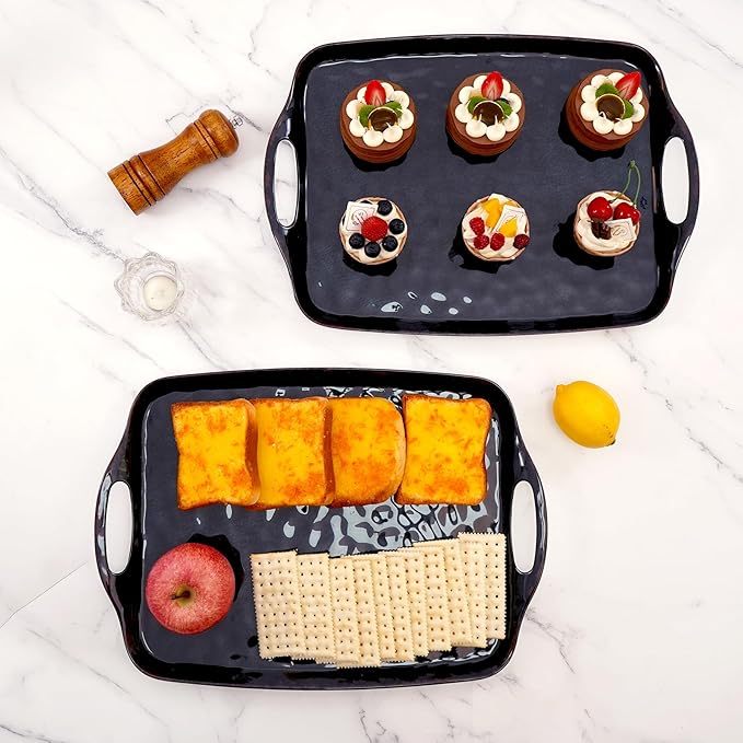 TP Serving Trays with Handles, 17 x 12 Inch Melamine Serving Platters for Food, Meat, Set of 2 Rectangular Trays for Eating, Retro Black
