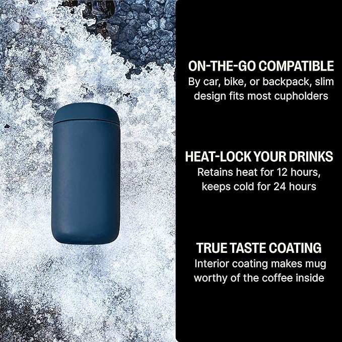 Fellow 12 oz Carter Move Travel Mug - Vacuum-Insulated Stainless Steel Travel Coffee Mug - Coffee Tumbler with Ceramic Interior and Splash Guard - Stone Blue