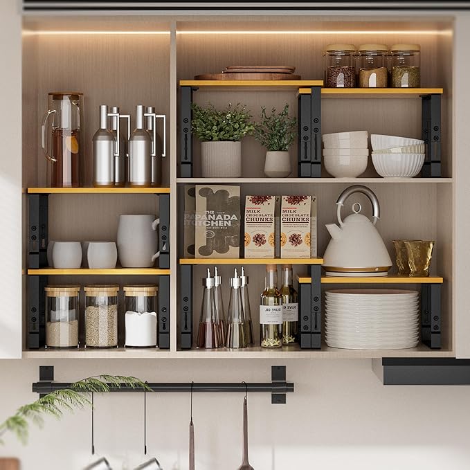 Kitchen Cabinet Organization Shelf，Set of 2 Height Adjustable Storage Racks，Stackable，Expandable，Countertop Shelves Organizer，Pantry Shelving(1PACK/Large/Black)