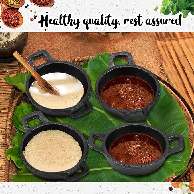 4 Pcs Small Cast Iron Skillets Set - Mini 4 x 1.2 Inches Skillet Ramekins With Handle - Black Serving Dishes Round Pan Oven Safe Cookware for Kitchen Picnic
