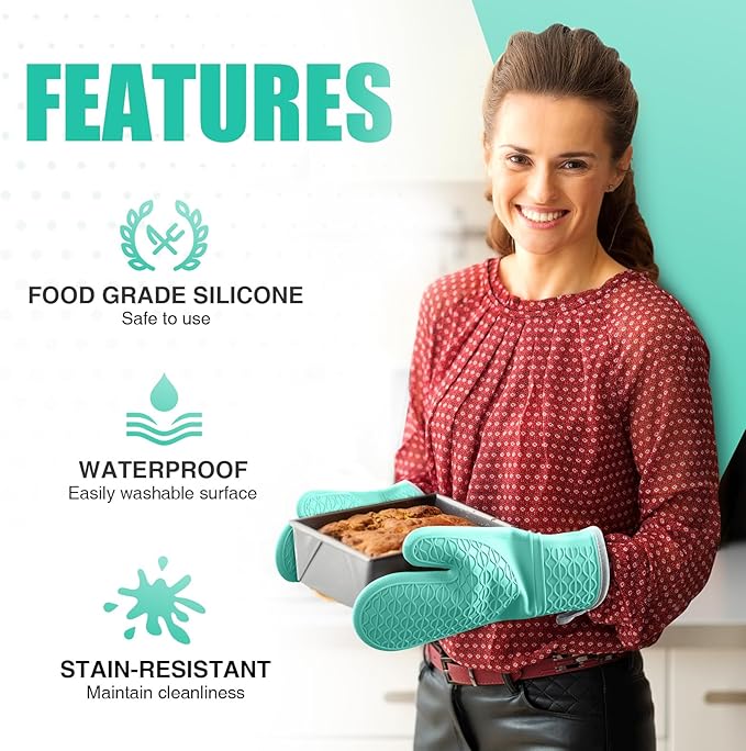 Silicone Oven Mitts, Heat Resistant 2PCS Oven Mitts with Soft Cotton Lining, Waterproof Non-Slip Grip Oven Glove, Kitchen Potholder Mits for BBQ, Baking, Cooking, 12.5 Inch - Green