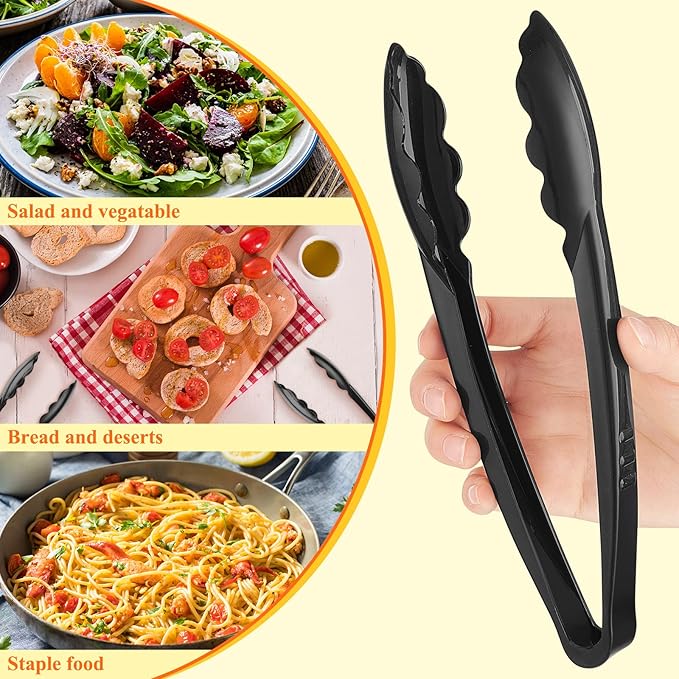 Tessco 50 Pcs Plastic Tongs for Serving Bulk, 9 Inch Plastic Disposable Serving Tongs Heavy Duty Salad Utensils for Kitchen Buffets BBQ Events Catering (Black)