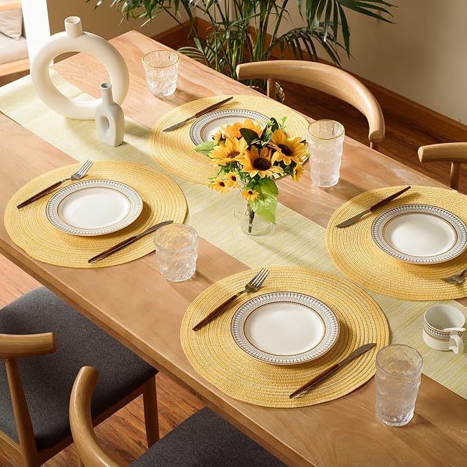 FunWheat Round Braided Placemats Set of 4 Place mats for Dining Tables Woven Heat Resistant Table Mats 15 inch (E Yellow, 4pcs)