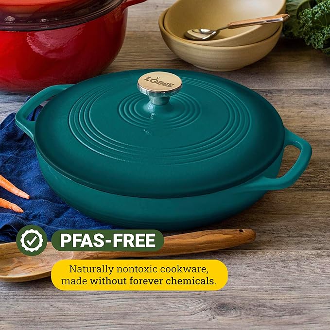 Lodge 3.6 Quart Enameled Cast Iron Covered Casserole with Lid – Dual Handles – Oven Safe up to 500° F or on Stovetop - Use to Marinate, Cook, Bake, Refrigerate and Serve – Lagoon