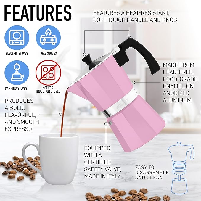 Zulay Moka Pot Espresso Stovetop Coffee Maker - Leak-Proof, Stainless Steel, Easy to Clean, Heat Resistant Handle & Knob - for Authentic Cuban & Italian Style Espresso - Makes 3 Espresso Cups - Pink