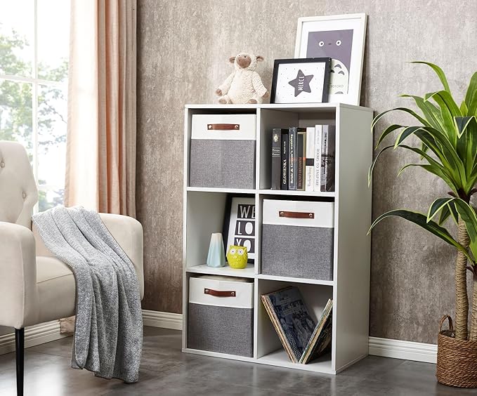 DECOMOMO Kallax Storage Cubes - 13x15x13 Storage Bins, Baskets for Organizing Shelves (Grey and White, 4-Pack)