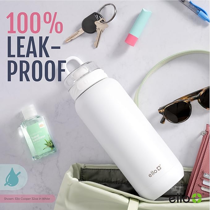 Ello Cooper 40oz Stainless Steel Water Bottle with 2 Lids Chug and Straw | Leak Proof | Double Walled and Vacuum Insulated | Built in Carry Loop | Dishwasher Safe | Antigua