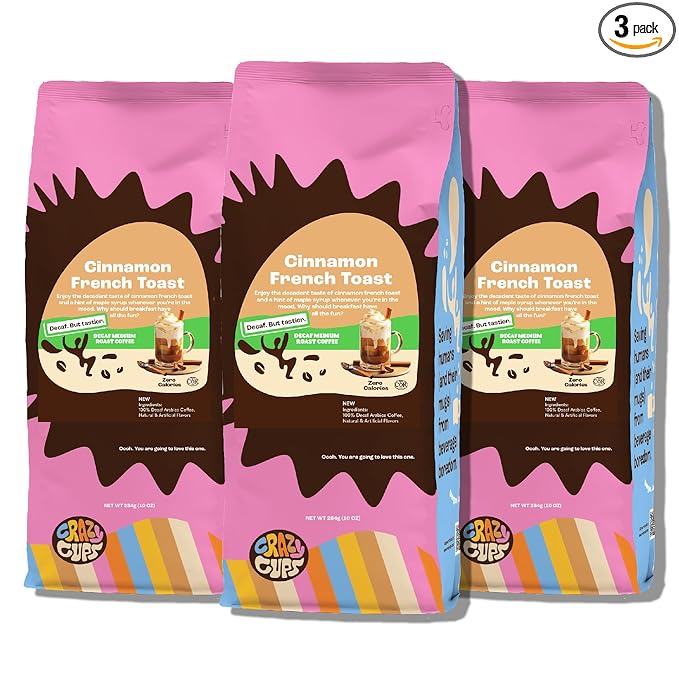 Crazy Cups Flavored Decaf Ground coffee, French Toast Cinnamon Coffee, Flavored Ground Coffee, Decaffeinated Coffee For Brewing Decaf Coffee Ground Hot or Iced Coffee, 10 oz Bags 3 Count Value Pack