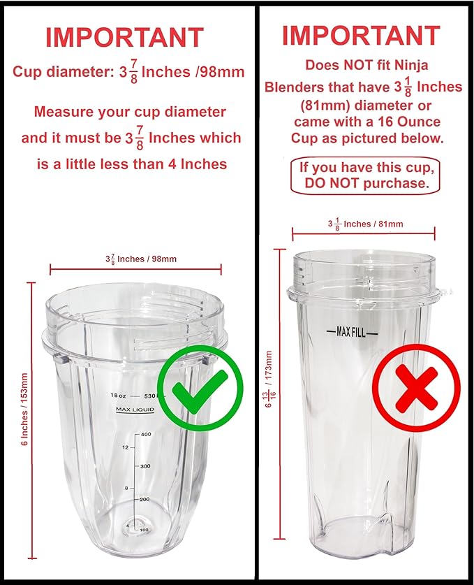 Blendin 18 Ounce Small Cup Jar with Sip N Seal Lids - Replacement Cup Compatible with Nutri Ninja Auto-iQ 1000w Series and Duo Blenders - Premium Blender Cups Replacement (2 Pack)