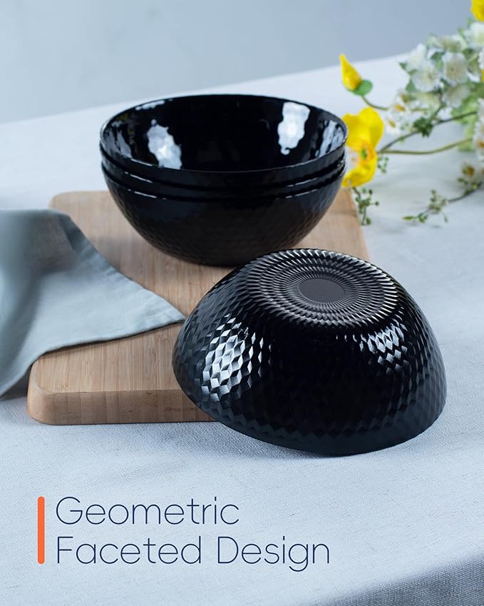 20 OZ Max Black Opal Glass Cereal Bowl Set of 6, 6 inch Dishwasher & Microwave Safe Round Geometric Faceted Bowls for Kitchen, Salad, Soup and Rice