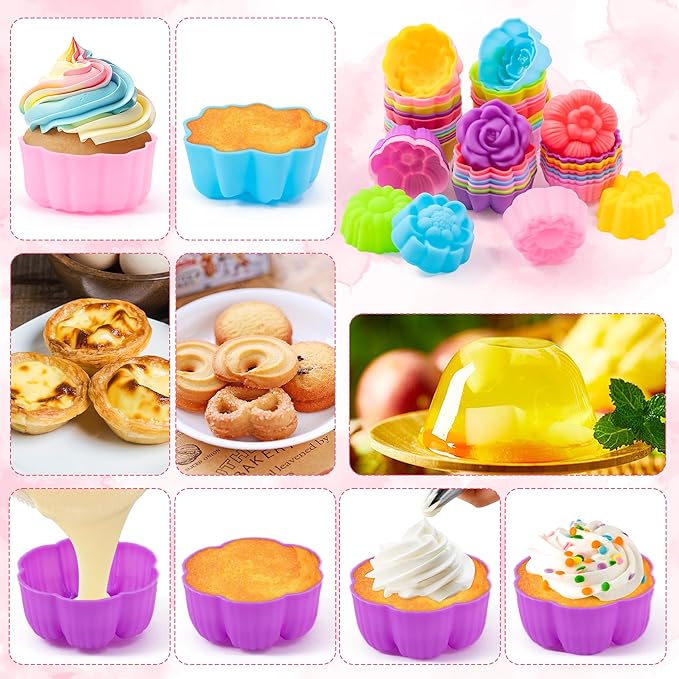 R HORSE Mini Silicone Cupcake Molds - 42Pcs 2 Inch Multi Flower-Shaped Baking Cups, Reusable Non-Stick Muffin Baking Cups Cupcake Wrappers for Dessert Pudding Donut Oven Microwave Dishwasher Safe