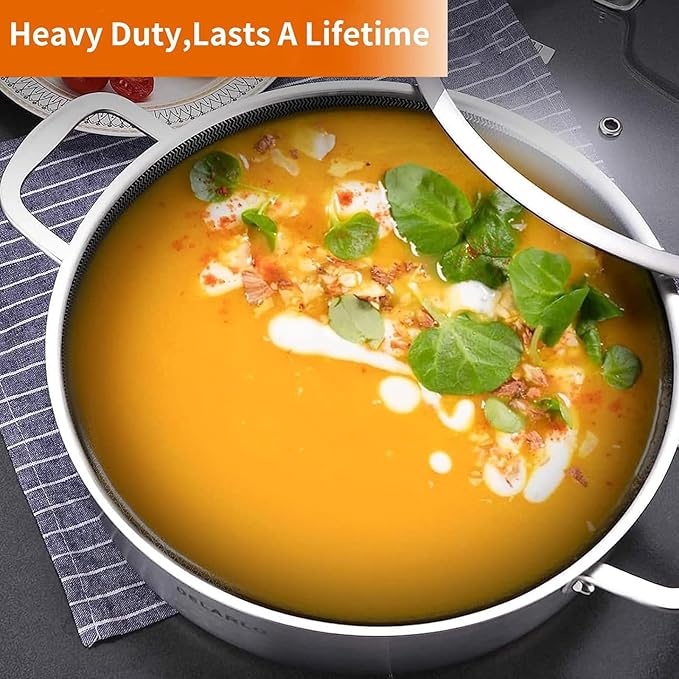 DELARLO Saute Pan 8QT, Frying Pan Nonstick with Lid, Tri-ply Stainless Steel Skillet, Large Braiser Induction, Everyday Pans, Heavy Duty Style, Compatible with All Cooktops Up to 660℉