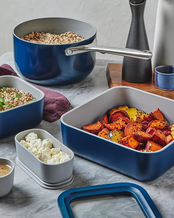 Caraway 6pc Glass Food Storage Set – 10 Cup Food Containers (6) - Ceramic Coated - Non Toxic, Non Stick with Lids - Microwave Safe - Mist
