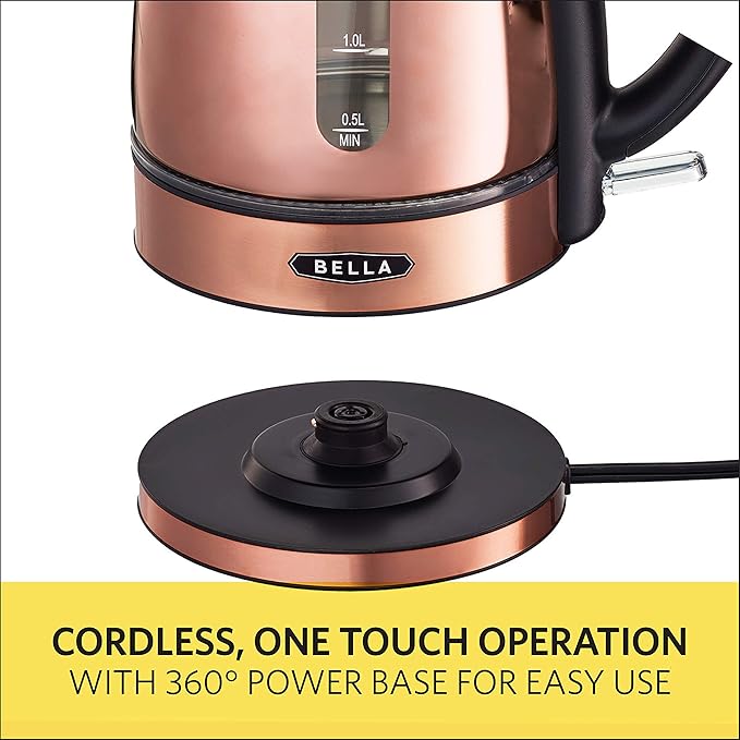 BELLA 1.7 Liter Electric Illuminated Glass Kettle, Quickly Boil Water for Tea, Coffee, Instant Soup and More, Safely Pour with Automatic Shut Off & Detachable Swivel Base, Chrome/Copper Finish