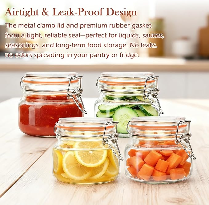 Encheng 16 oz Glass Jars With Airtight Lids And Leak Proof Rubber Gasket,Wide Mouth Mason Jars With Hinged Lids For Kitchen,Glass Storage Containers 6 Pack