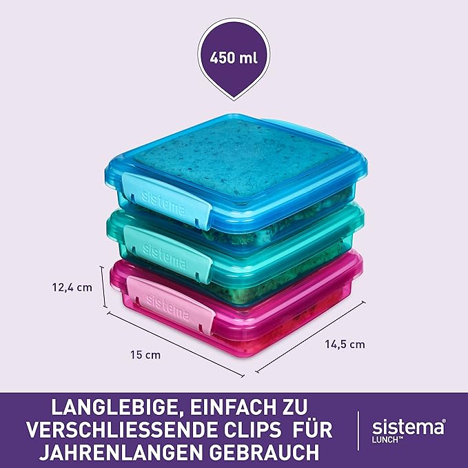 Sistema 3-Piece Sandwhich Containers for Lunch Boxes and Meal Prep, Dishwasher Safe, 1.9-Cup, Blue/Green/Pink