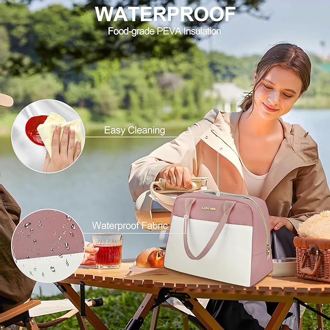 LOKASS Lunch Bag for Women-Insulated Adults Lunch Box with Front Pocket- Small Cute Lunch Tote for Work-Reusable Cooler Bag for Office Picnic Beach or Travel (Pink Purple)