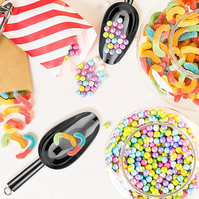 6 Ounce Ice Scoop Set of 2, E-far Platinum Black Stainless Steel Small Scoops for Ice Cube/Candy/Flour/Sugar, Metal Utility Scoops for Canisters, Baking, Kitchen Pantry, Rust Free