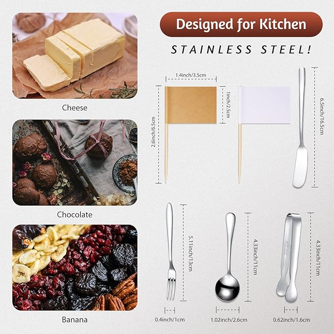 35 Pcs Cheese Butter Spreader Knives Set Charcuterie Accessories Stainless Steel Spreader Knives Charcuterie Boards Utensils Mini Serving Tongs Spoons and Forks for Pastry Making