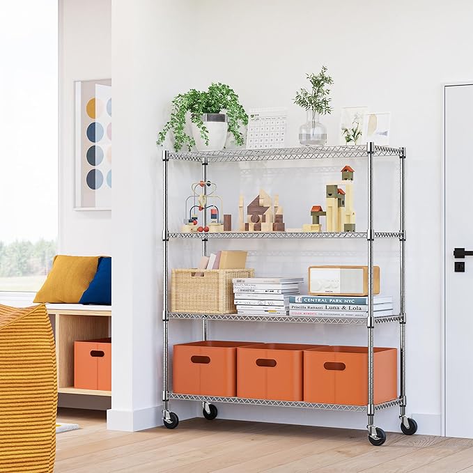 4 Tiers Storage Shelves Load 1400LBS, Metal Shelving Wire Metal Shelving Unit Shelves for Storage Adjustable Garage Shelving for Pantry Kitchen Garage Chrome 17.7" D x 47.3" W x 62.7" H