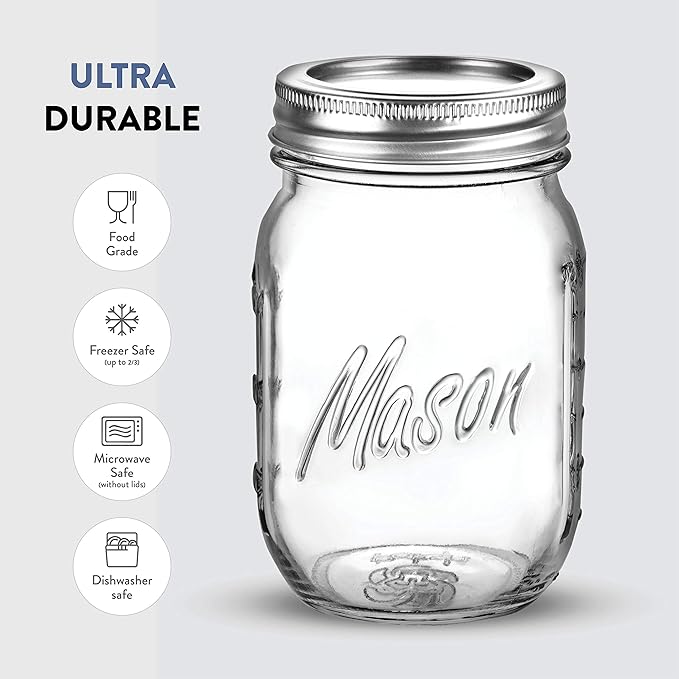 Paksh Novelty Mason Jars 16 oz - 6-Pack Regular Mouth Glass Jars with Lid & Seal Bands - Airtight Container for Pickling, Canning, Candles, Home Decor, Overnight Oats, Fruit Preserves, Jam or Jelly