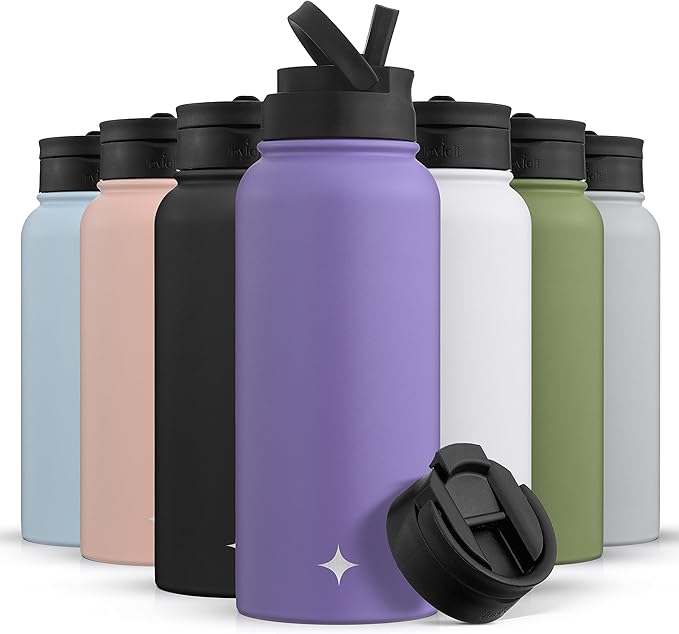 JoyJolt Triple Insulated Water Bottle with Straw Lid AND Flip Lid! 32oz Large Water Bottle, 12 Hour Hot/Cold Vacuum Insulated Stainless Steel Bottle. BPA-Free Leakproof Water Bottles - Thermos Bottle