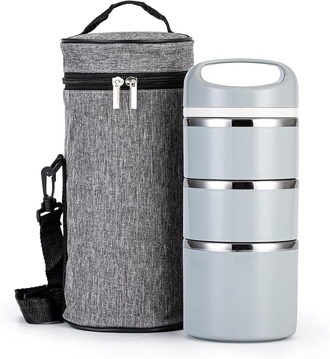 Lille Home Stackable Stainless Steel Lunch Containers, 43OZ Capacity 3 Layers Leakproof Bento Box for Adult, Portable Lunch Box for Women, Man, Travel, Office with Lunch Bag (Gray.Pro)