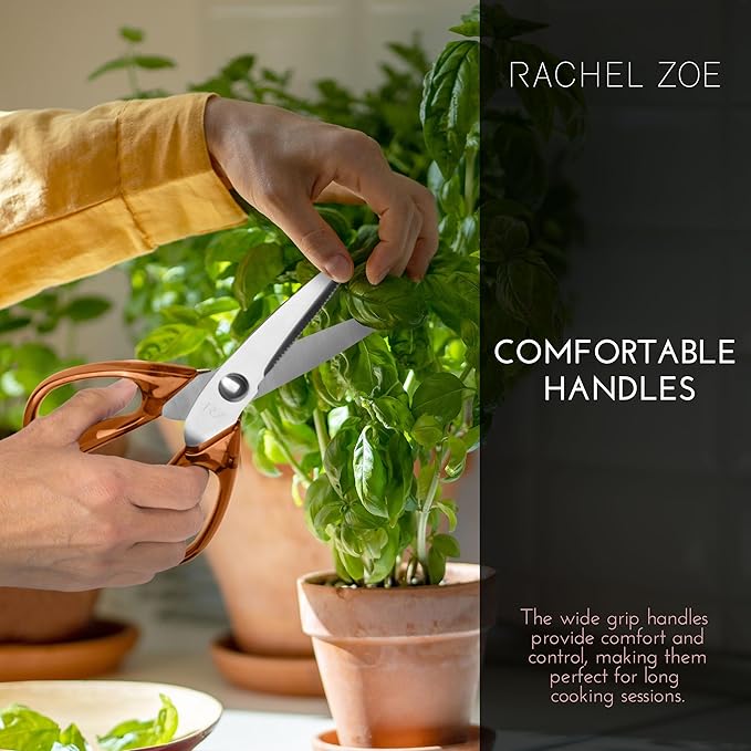Rachel Zoe Multi-Purpose Kitchen Scissors, Stainless Steel Kitchen Shears with Protective Sheath & Soft Handle Grips, Dishwasher Safe, Vegetables, Fruits & Meat Cutting Scissors (Brown/Silver)
