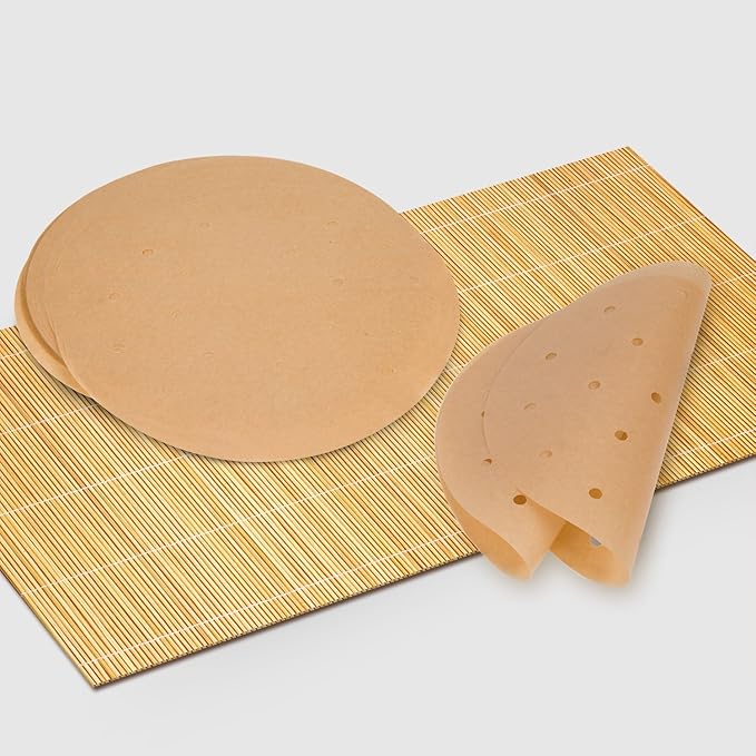100pcs Unbleached Air Fryer Liners, 9inch Bamboo Steamer Liners, Vancens Premium Perforated Parchment Steaming Paper Rounds, Non-stick Steamer Mat, Perfect for 5.3 & 5.8 QT Air Fryers/Baking/Cooking