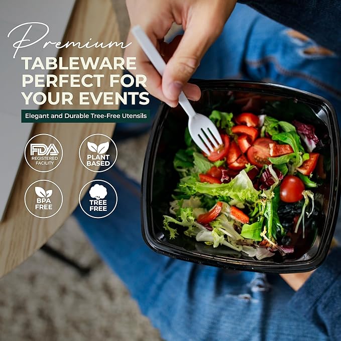100% Compostable cutlery knives forks spoons 150 Large Disposable Biodegradable Compostable Utensils Durable HeavyDuty Silverware heat resistant alternative to plastic with convenient tray 150pc 7inch