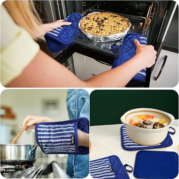Silicone Pot Holders Set of 3 Heat Resistant & Non Slip Potholders, Professional Oven Hot Pads with Pockets Mitts for Kitchen Cooking Baking Barbecue (Cobait Blue, 3)