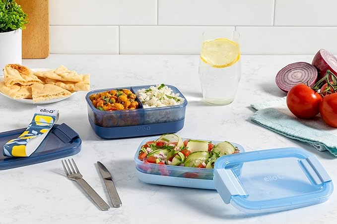 Ello 2-Pack Lunch Stack Plastic Food Storage Container Bento Box with Airtight, Leak-Proof Locking Plastic Lids and Silicone Base, BPA-Free, Freezer, Microwave, and Dishwasher Safe