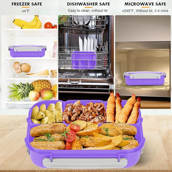 Bento Box, Lunch Box Kids, 1300ML with 4 Compartment&Food Picks Cake Cups, Containers for Adults/Kids/Toddler, Leak-Proof, Microwave/Dishwasher/Freezer Safe(Purple)