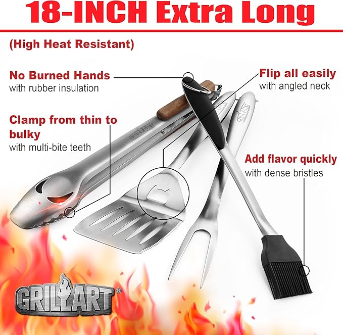 GRILLART BBQ Tools Grill Tools Set -18Inch Grilling Tools BBQ Set - Grill Accessories w/BBQ Tongs, Spatula, Fork, Brush- Stainless Grill Kit Grilling Set - Gift Ideas BBQ Accessories Gifts for Men Dad