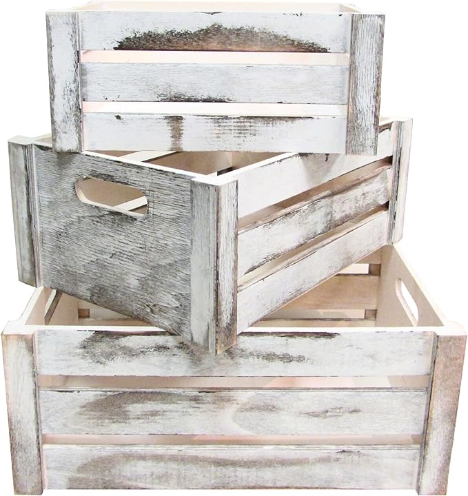 Admired By Nature Wooden Crates Storage Container, Rustic White Set of 3, Farmhouse Style Decorative Baskets for Home Decor, Rustic Decor, Nesting Stackable Organizers, Distressed Wood Crates