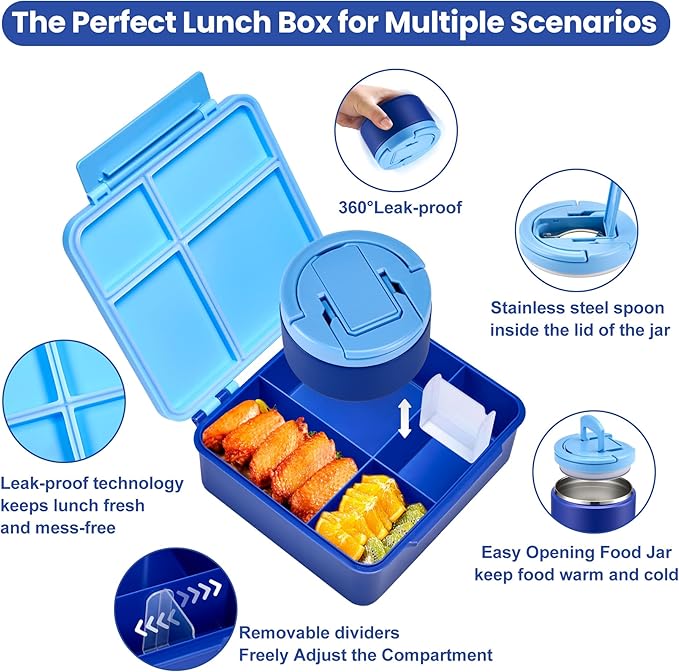 Bento Lunch Box for Kids with 8oz Soup Thermo,Kids Leakproof Lunch Food Containers with 4 Compartment,Kid Insulated Thermo Hot Food Jar for School,Trvael-Blue