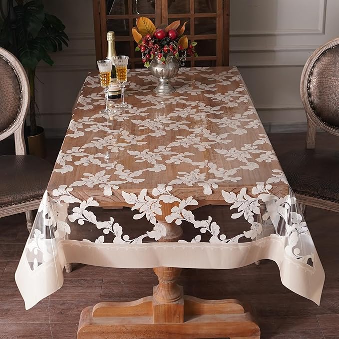 Vinyl Table Cloth Rectangle Clear Table Cover Protector with Block Printed Pattern Oil Spill Proof Farmhouse Rustic Plastic Table Covers for Dining Tables (Scroll Grass, 52 x 70 Inches)
