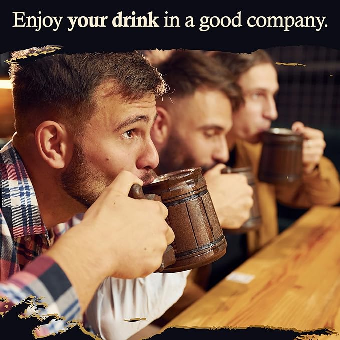 Set of 6 Beer Mug 10 OZ - Coffee Mug - Beer stein - Wooden beer mug - Stainless Steel Cup - Handmade Gifts for Men - Fathers Day, Christmas or Birthday Gift Idea - Men Mug - Classic Brown