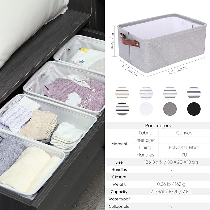 Hinwo 6-Pack Small Canvas Fabric Storage Baskets Set with Handles, Open Storage Bins, Cube Storage Organizer, Shelf Organizer Bins for Closet, 7.9L, 12 x 8 x 5 Inches (Gray Stripe)
