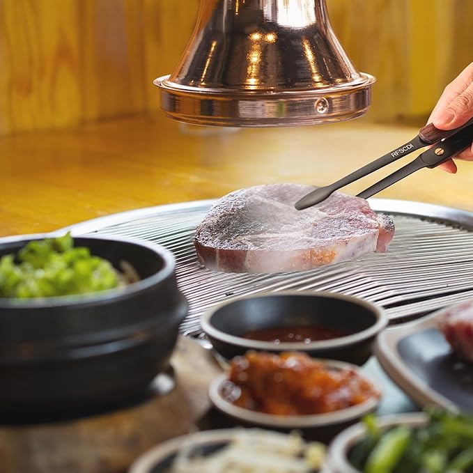 Premium Cooking Tongs - 304 Stainless Steel & Walnut Wood, Comfortable Grip, Non-Slip Design, High Heat Resistant - Ideal for Home, Kitchen, Barbecue & Frying Steak, 9-Inch, Black