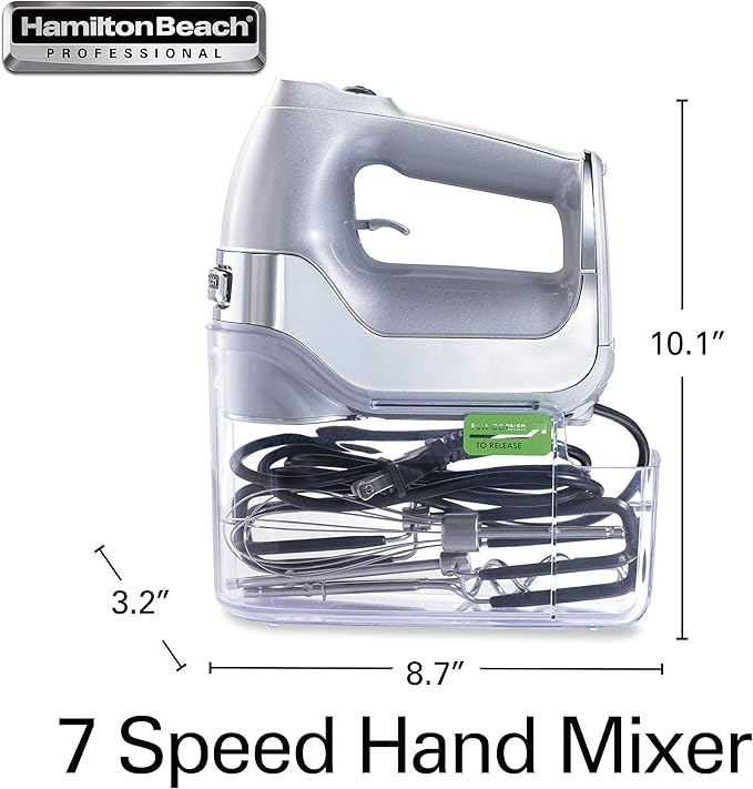 Hamilton Beach Professional 7-Speed Digital Electric Hand Mixer with High-Performance DC Motor, Slow Start, Snap-On Storage Case, SoftScrape Beaters, Whisk, Dough Hooks, Silver and Chrome (62657)
