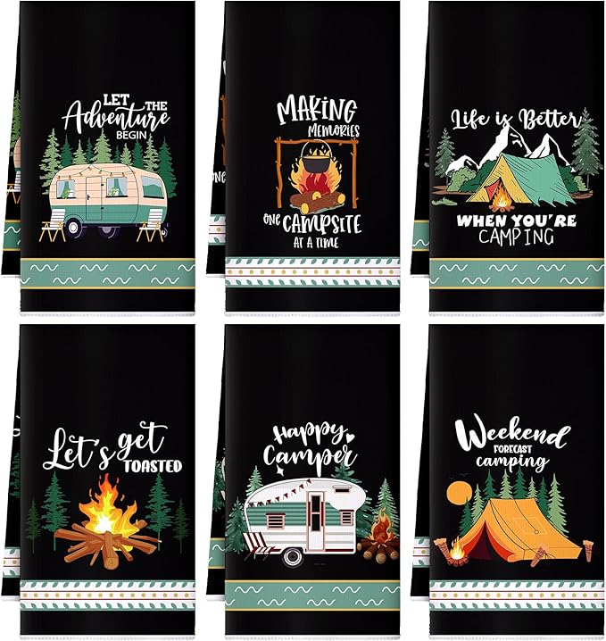 Boyiee 6 Pcs Camping Kitchen Towels Black Absorbent Dish Towels Bonfire Tent Car Tea Towels 24 x 16 Inches with Funny Sayings Novelty Gifts for Campers Happy Camper Camping Accessories for RV Campers