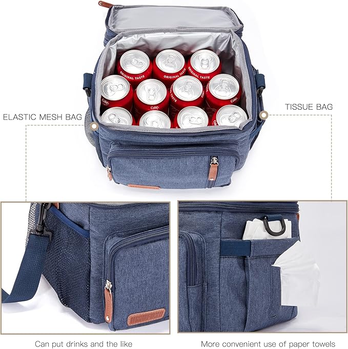Men's Double Compartment Lunch Bag, Insulated Lunch Cooler Tote 2 Roomy Large Reusable Water-resistant Lunch Box (Blue)