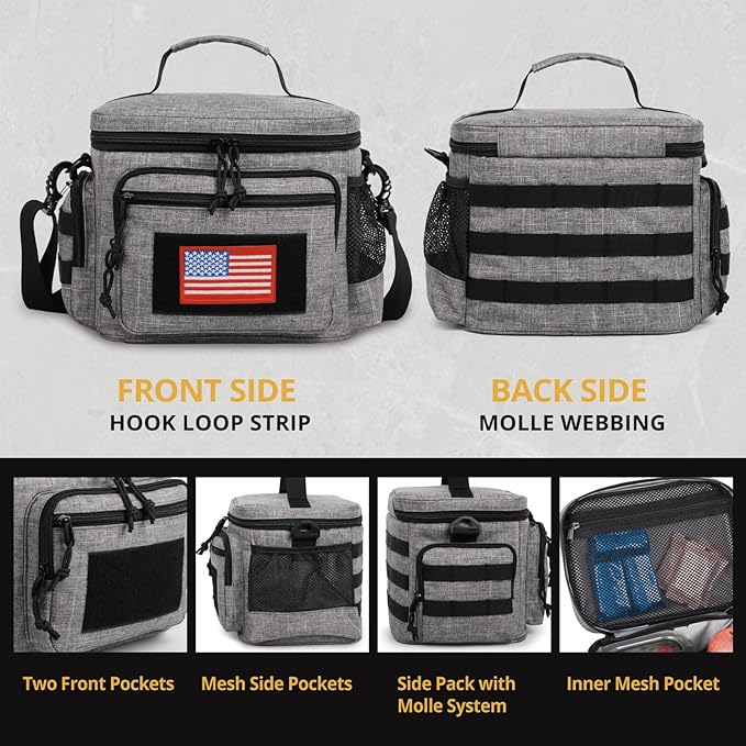 Lunch Box for Men, Tactical Lunch Bag MOLLE Webbing Leakproof Insulated Lunch Cooler Women Adult Meal with Adjustable Shoulder Strap Lunch Pail (Gery)