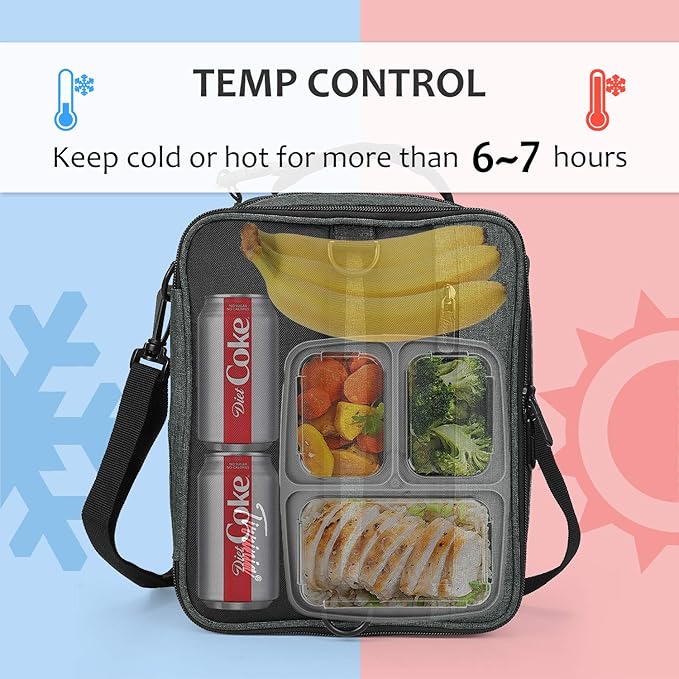 Tirrinia Expandable Insulated Lunch Bag for Men Women – Leakproof Reusable Cooler LunchBox for Kids & Adults with Shoulder Strap, Perfect for Work, School, Office, Travel,Charcoal