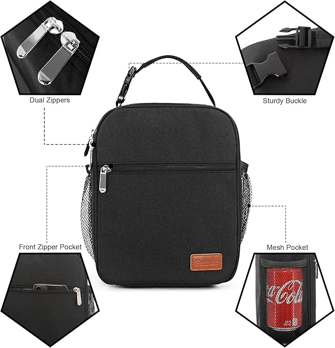 Femuar Lunch bag for Men Women Adults Small for Office Work Picnic - Reusable Portable Lunchbag, Black