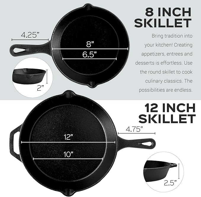 Cast Iron Skillet Set - 8" + 12"-Inch Frying Pan - Pre-Seasoned Oven Safe Cookware + 2 Heat-Resistant Handle Holder Grips - Indoor/Outdoor Use - Grill, Stovetop, BBQ, Camping Fire Pit, Induction Safe