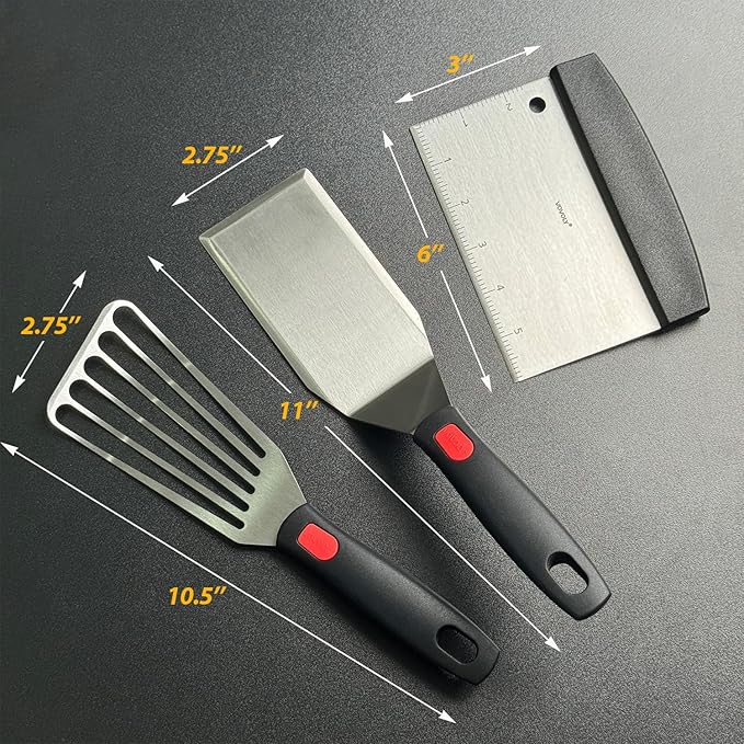 Stainless Steel Spatula Set with Heat Resistant Silicone Handle, VOVOLY Metal Spatulas For Kitchen Use, Thickened Smash Burger Spatula, Fish Flipper, Bench Scraper